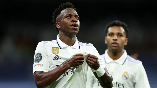 MADRID, SPAIN - MAY 09: Vinicius Junior of Real Madrid celebrates after scoring the team's first goal during the UEFA Champions League semi-final first leg match between Real Madrid and Manchester City FC at Estadio Santiago Bernabeu on May 09, 2023 in Madrid, Spain.