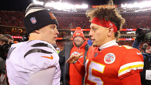 KANSAS CITY, MISSOURI - JANUARY 29: Joe Burrow #9 of the Cincinnati Bengals and Patrick Mahomes #15 of the Kansas City Chiefs meet on the field after the AFC Championship Game at GEHA Field at Arrowhead Stadium on January 29, 2023 in Kansas City, Missouri.