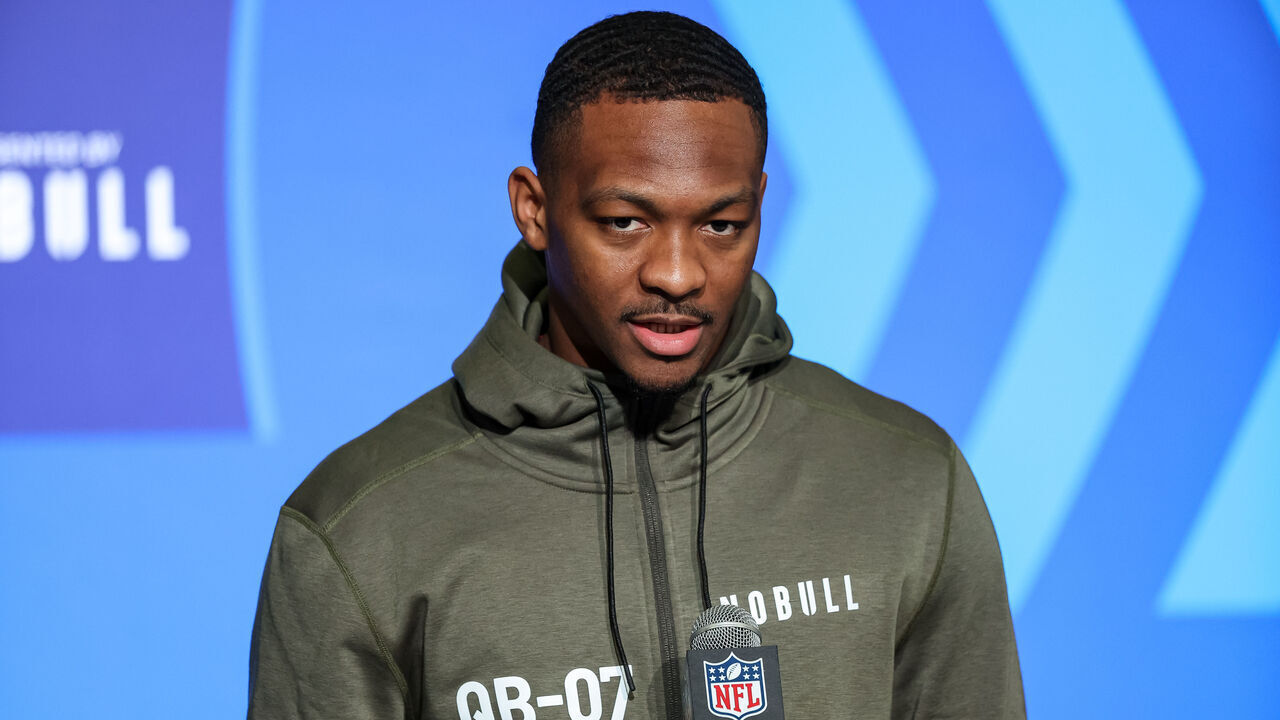 INDIANAPOLIS, IN - MARCH 03: Quarterback Hendon Hooker of Tennessee speaks to the media during the NFL Combine at Lucas Oil Stadium on March 3, 2023 in Indianapolis, Indiana.