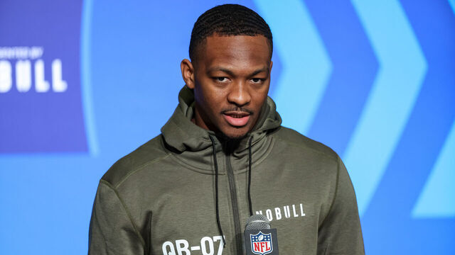 INDIANAPOLIS, IN - MARCH 03: Quarterback Hendon Hooker of Tennessee speaks to the media during the NFL Combine at Lucas Oil Stadium on March 3, 2023 in Indianapolis, Indiana.