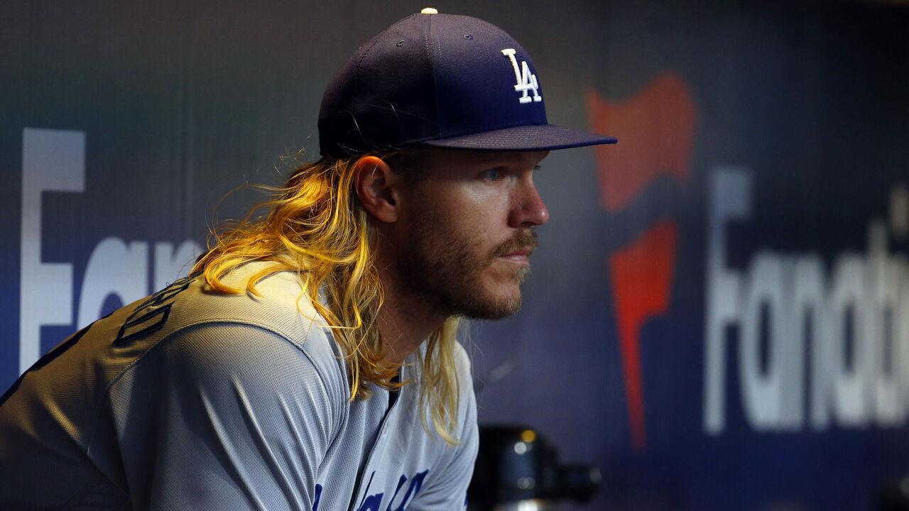 PITTSBURGH, PA - APRIL 25: Noah Syndergaard #43 of the Los Angeles Dodgers looks on from the dugout in the fifth inning against the Pittsburgh Pirates at PNC Park on April 25, 2023 in Pittsburgh, Pennsylvania.