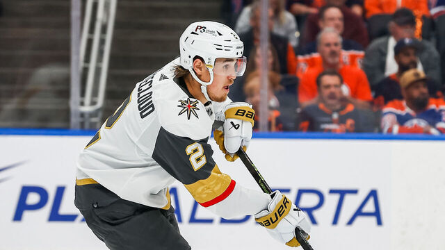 EDMONTON, AB - MAY 08: Vegas Golden Knights Defenceman Zach Whitecloud (2) makes a pass in the first period of game three in the Western Conference Second Round of the Edmonton Oilers versus the Las Vegas Golden Knights on May 08, 2023 at Rogers Place in Edmonton, AB.