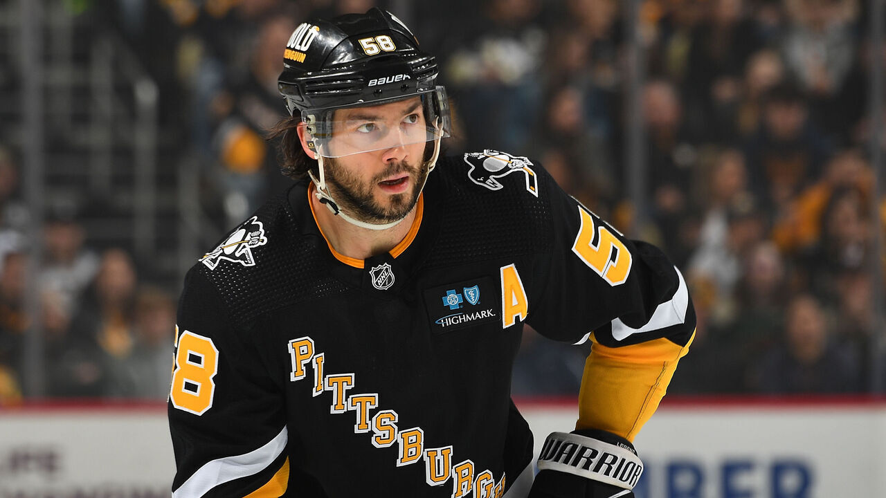 PITTSBURGH, PA - APRIL 06: Kris Letang #58 of the Pittsburgh Penguins skates against the Minnesota Wild at PPG PAINTS Arena on April 6, 2023 in Pittsburgh, Pennsylvania.