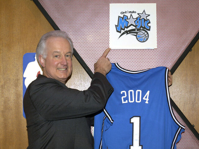 SECAUCUS, NJ - MAY 26: Pat Williams, representative of the Orlando Magic as the Magic won the #1 pick in the 2004 NBA Draft at the 2004 NBA Draft Lottery in Secaucus, New Jersey. NOTE TO USER: User expressly acknowledges and agrees that, by downloading and/or using this Photograph, User is consenting to the terms and conditions of the Getty Images License Agreement. Mandatory Copyright Notice: Copyright 2004 NBAE