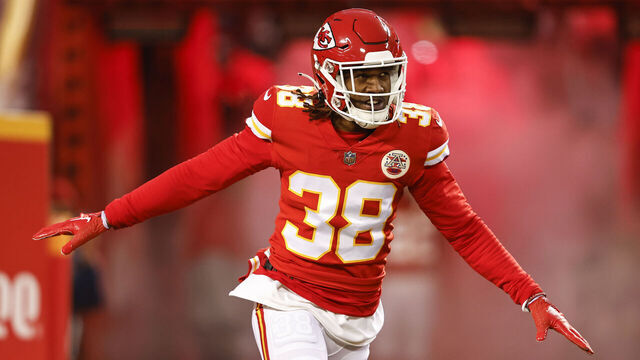 KANSAS CITY, MISSOURI - JANUARY 29: L'Jarius Sneed #38 of the Kansas City Chiefs reacts as he takes the field prior to the AFC Championship NFL football game between the Kansas City Chiefs and the Cincinnati Bengals at GEHA Field at Arrowhead Stadium on January 29, 2023 in Kansas City, Missouri.