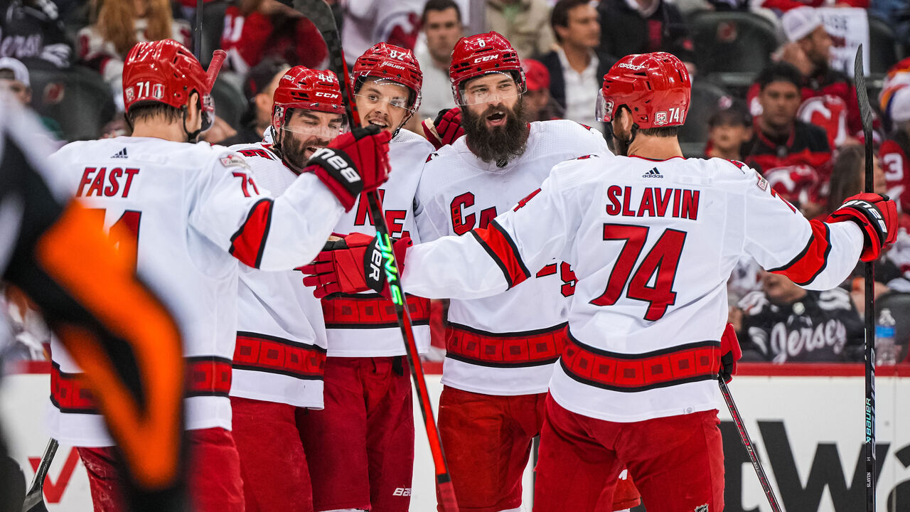 NEWARK, NEW JERSEY - MAY 09: Brent Burns #8 of the Carolina Hurricanes celebrates with teammates after a goal during the second period against the New Jersey Devils in Game Four of the Second Round of the 2023 Stanley Cup Playoffs at Prudential Center on May 09, 2023 in Newark, New Jersey.