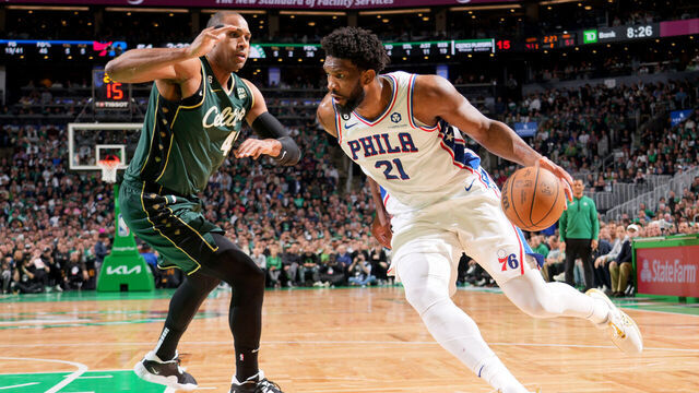 BOSTON, MA - MAY 9: Joel Embiid #21 of the Philadelphia 76ers dribbles the ball during the game against the Boston Celtics during Game 5 of the 2023 NBA Playoffs Eastern Conference semi-finals on May 9, 2023 at the TD Garden in Boston, Massachusetts. Mandatory Copyright Notice: Copyright 2023 NBAE