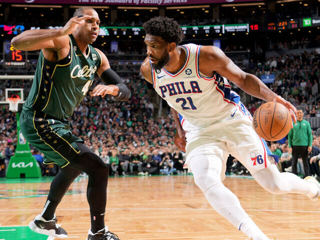 BOSTON, MA - MAY 9: Joel Embiid #21 of the Philadelphia 76ers dribbles the ball during the game against the Boston Celtics during Game 5 of the 2023 NBA Playoffs Eastern Conference semi-finals on May 9, 2023 at the TD Garden in Boston, Massachusetts. Mandatory Copyright Notice: Copyright 2023 NBAE