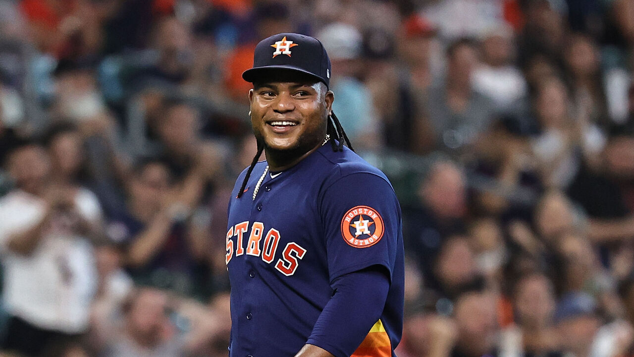 HOUSTON, TEXAS - MAY 03: Framber Valdez #59 of the Houston Astros walks off the mound in the fourth inning against the San Francisco Giants at Minute Maid Park on May 03, 2023 in Houston, Texas.