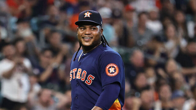 HOUSTON, TEXAS - MAY 03: Framber Valdez #59 of the Houston Astros walks off the mound in the fourth inning against the San Francisco Giants at Minute Maid Park on May 03, 2023 in Houston, Texas.