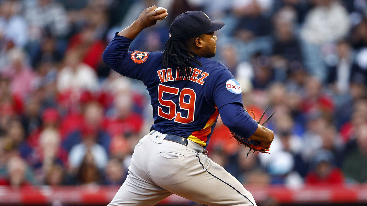 ANAHEIM, CALIFORNIA - MAY 09: Framber Valdez #59 of the Houston Astros throws against the Los Angeles Angels in the first inning at Angel Stadium of Anaheim on May 09, 2023 in Anaheim, California.
