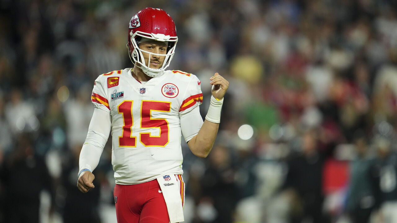 GLENDALE, AZ - FEBRUARY 12: Patrick Mahomes #15 of the Kansas City Chiefs looks down field against the Philadelphia Eagles after Super Bowl LVII at State Farm Stadium on February 12, 2023 in Glendale, Arizona. The Chiefs defeated the Eagles 38-35.