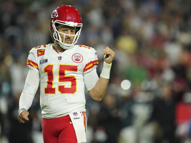 GLENDALE, AZ - FEBRUARY 12: Patrick Mahomes #15 of the Kansas City Chiefs looks down field against the Philadelphia Eagles after Super Bowl LVII at State Farm Stadium on February 12, 2023 in Glendale, Arizona. The Chiefs defeated the Eagles 38-35.