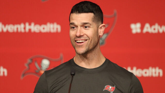TAMPA, FL - FEBRUARY 22: Tampa Bay Buccaneers newly named Offensive Coordinator Dave Canales addresses the media on February 22, 2023 at AdventHealth Training Center in Tampa,FL.
