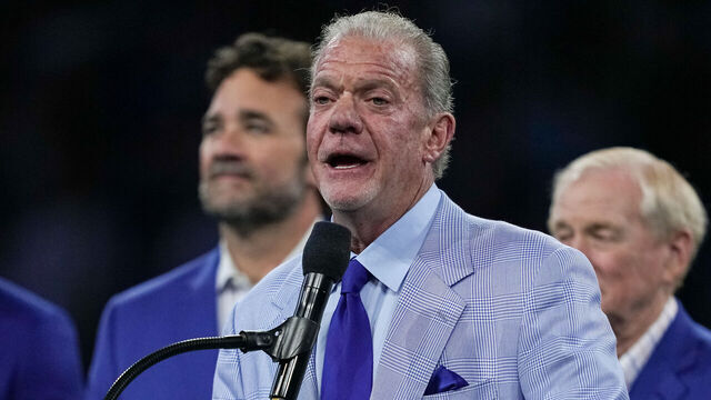 INDIANAPOLIS, INDIANA - OCTOBER 30: Indianapolis Colts owner and CEO Jim Irsay speaks during a ceremony honoring former player Tarik Glenn during halftime of the game between the Washington Commanders and the Indianapolis Colts at Lucas Oil Stadium on October 30, 2022 in Indianapolis, Indiana.
