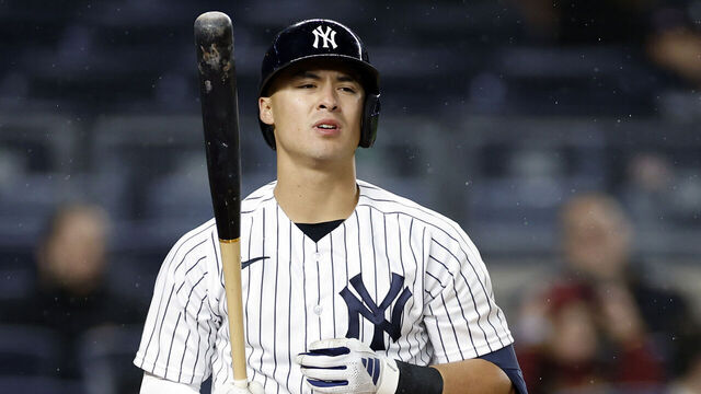 NEW YORK, NEW YORK - MAY 03: Anthony Volpe #11 of the New York Yankees looks on at bat during the eighth inning against the Cleveland Guardians at Yankee Stadium on May 03, 2023 in the Bronx borough of New York City. The Yankees won 4-3.