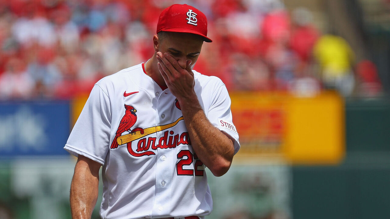 ST LOUIS, MO - MAY 04: Jack Flaherty #22 of the St. Louis Cardinals is pulled from the game against the Los Angeles Angels in the third inning at Busch Stadium on May 4, 2023 in St Louis, Missouri.