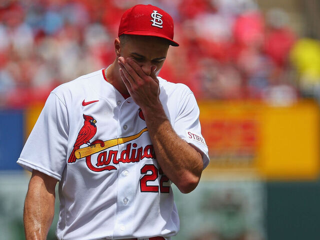 ST LOUIS, MO - MAY 04: Jack Flaherty #22 of the St. Louis Cardinals is pulled from the game against the Los Angeles Angels in the third inning at Busch Stadium on May 4, 2023 in St Louis, Missouri.