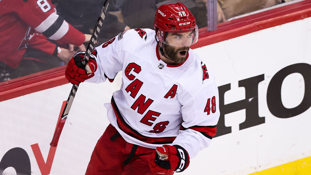 NEWARK, NJ - MAY 09: Carolina Hurricanes left wing Jordan Martinook (48) celebrates after scoring a goal during Game 4 of an Eastern Conference Second Round playoff game between the Carolina Hurricanes and the New Jersey Devils on May 9, 2023, at Prudential Center in Newark, New Jersey.