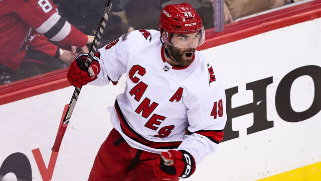 NEWARK, NJ - MAY 09: Carolina Hurricanes left wing Jordan Martinook (48) celebrates after scoring a goal during Game 4 of an Eastern Conference Second Round playoff game between the Carolina Hurricanes and the New Jersey Devils on May 9, 2023, at Prudential Center in Newark, New Jersey.
