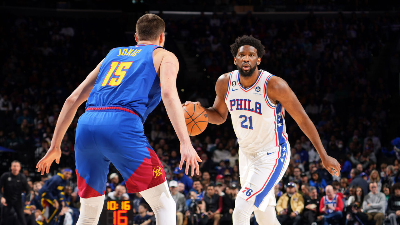 PHILADELPHIA, PA - JANUARY 28: Joel Embiid #21 of the Philadelphia 76ers dribbles the ball during the game against the Denver Nuggets on January 28, 2023 at the Wells Fargo Center in Philadelphia, Pennsylvania NOTE TO USER: User expressly acknowledges and agrees that, by downloading and/or using this Photograph, user is consenting to the terms and conditions of the Getty Images License Agreement. Mandatory Copyright Notice: Copyright 2023 NBAE