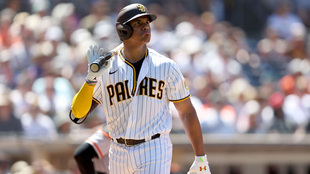 SAN DIEGO, CALIFORNIA - AUGUST 10: Juan Soto #22 of the San Diego Padres looks on after striking out during a game against the San Francisco Giants at PETCO Park on August 10, 2022 in San Diego, California.