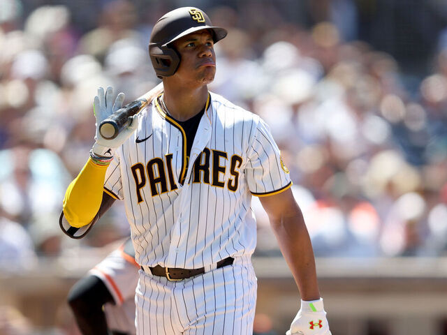 SAN DIEGO, CALIFORNIA - AUGUST 10: Juan Soto #22 of the San Diego Padres looks on after striking out during a game against the San Francisco Giants at PETCO Park on August 10, 2022 in San Diego, California.