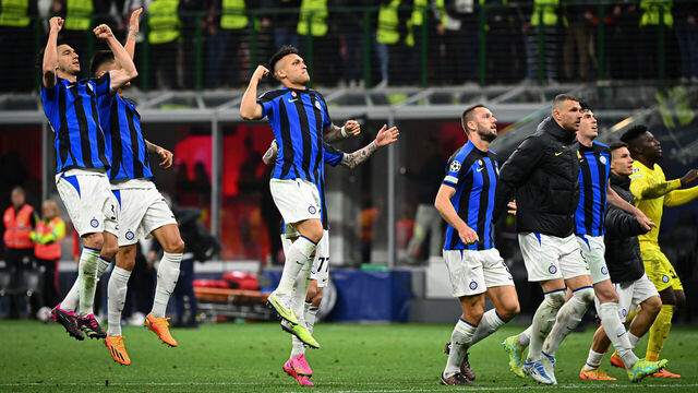 MILAN, ITALY - MAY 10: FC Internazionale players celebrate at the end of the UEFA Champions League football semi final first leg match AC Milan vs FC Internazionale in Milan, Italy on May 10, 2023