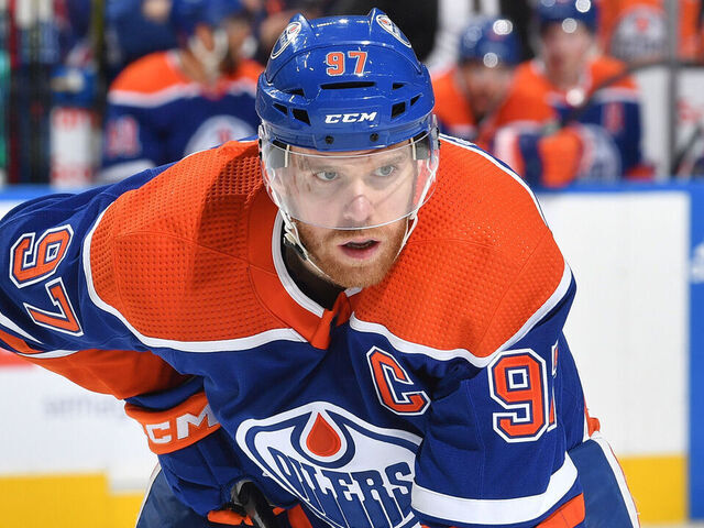 EDMONTON, CANADA - MAY 8: Connor McDavid #97 of the Edmonton Oilers awaits a face-off in Game Three of the Second Round of the 2023 Stanley Cup Playoffs against the Vegas Golden Knights at Rogers Place on May 8, 2023, in Edmonton, Alberta, Canada.