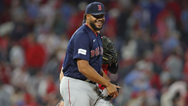 PHILADELPHIA, PA - MAY 06: Kenley Jansen #74 of the Boston Red Sox smiles after the game between the Boston Red Sox and the Philadelphia Phillies at Citizens Bank Park on Saturday, May 6, 2023 in Philadelphia, Pennsylvania.