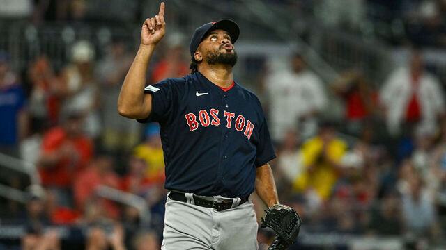 ATLANTA, GA MAY 10: Boston relief pitcher Kenley Jansen (74) reacts after recording his 400th save during the MLB game between the Boston Red Sox and the Atlanta Braves on May 10th, 2023 at Truist Park in Atlanta, GA.