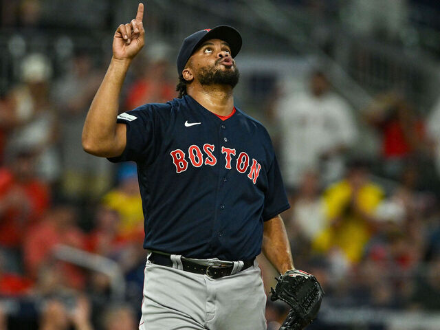 ATLANTA, GA MAY 10: Boston relief pitcher Kenley Jansen (74) reacts after recording his 400th save during the MLB game between the Boston Red Sox and the Atlanta Braves on May 10th, 2023 at Truist Park in Atlanta, GA.