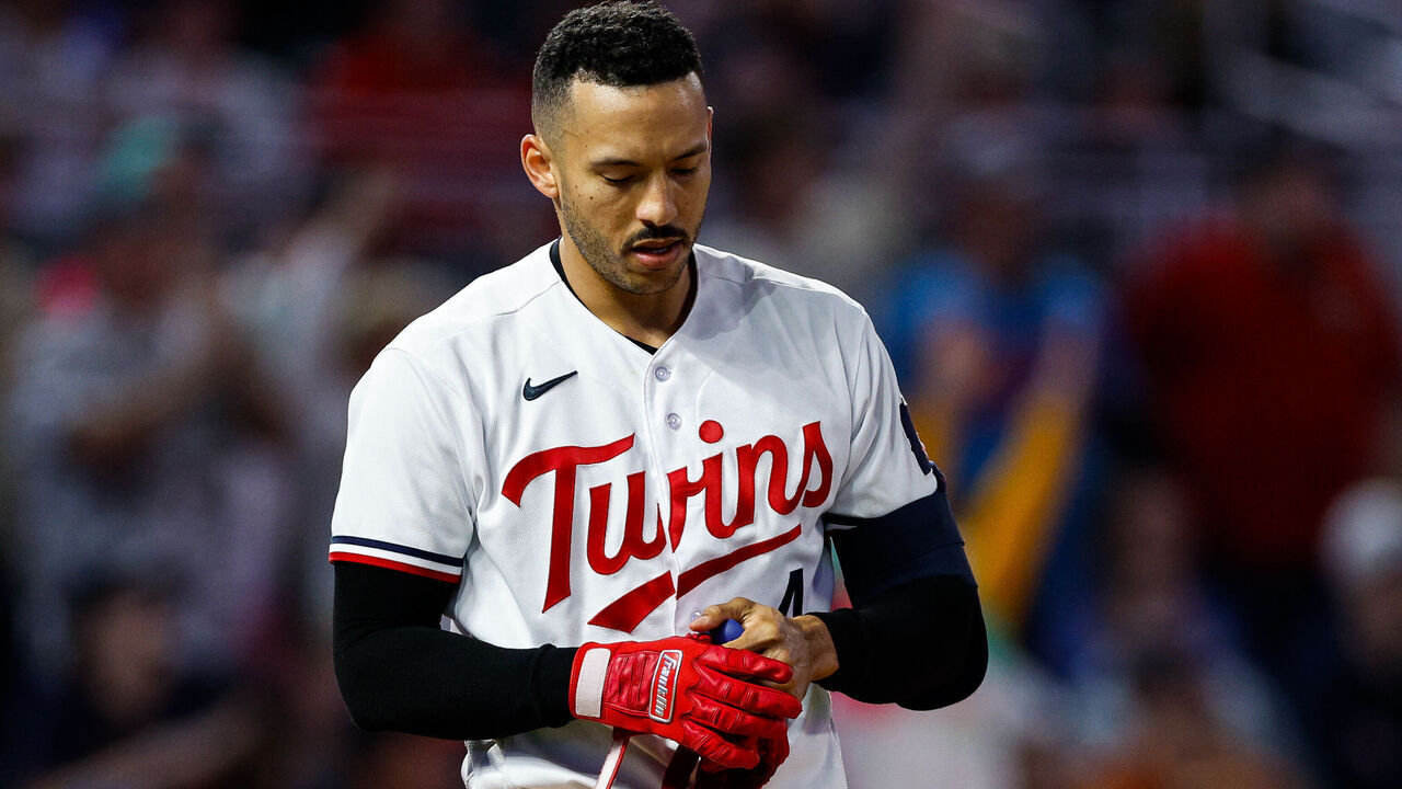 MINNEAPOLIS, MN - MAY 09: Carlos Correa #4 of the Minnesota Twins reacts to striking out against the San Diego Padres in the seventh inning at Target Field on May 9, 2023 in Minneapolis, Minnesota. The Padres defeated the Twins 6-1.