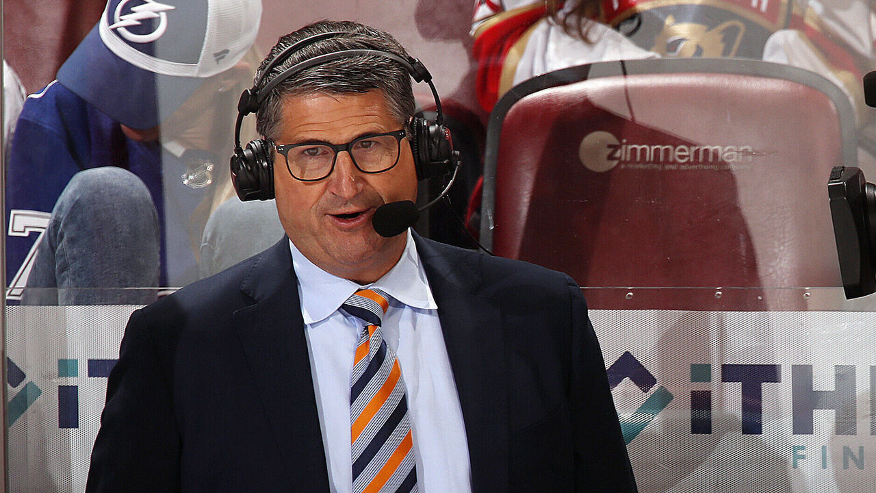 SUNRISE, FL - MAY 17: TNT NHL Television analyst Keith Jones gives his thoughts while the Florida Panthers take on the Tampa Bay Lightning in Game One of the Second Round of the 2022 Stanley Cup Playoffs at the FLA Live Arena on May 17, 2022 in Sunrise, Florida.