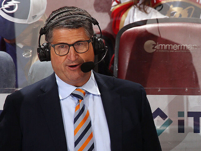 SUNRISE, FL - MAY 17: TNT NHL Television analyst Keith Jones gives his thoughts while the Florida Panthers take on the Tampa Bay Lightning in Game One of the Second Round of the 2022 Stanley Cup Playoffs at the FLA Live Arena on May 17, 2022 in Sunrise, Florida.