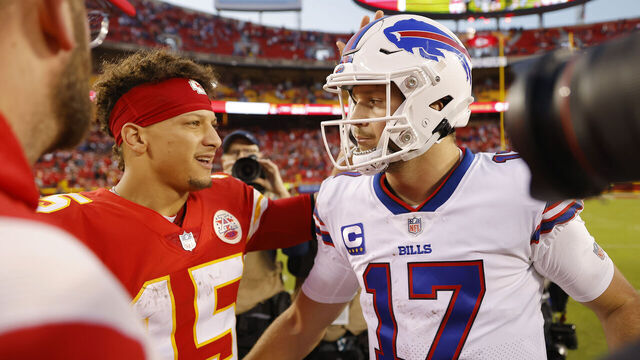 KANSAS CITY, MISSOURI - OCTOBER 16: Patrick Mahomes #15 of the Kansas City Chiefs shakes hands with Josh Allen #17 of the Buffalo Bills after the game at Arrowhead Stadium on October 16, 2022 in Kansas City, Missouri. Buffalo defeated Kansas City 24-20.