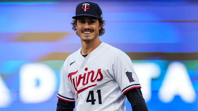 MINNEAPOLIS, MN - APRIL 25: Joe Ryan #41 of the Minnesota Twins looks on and smiles against the New York Yankees on April 25, 2023 at Target Field in Minneapolis, Minnesota.