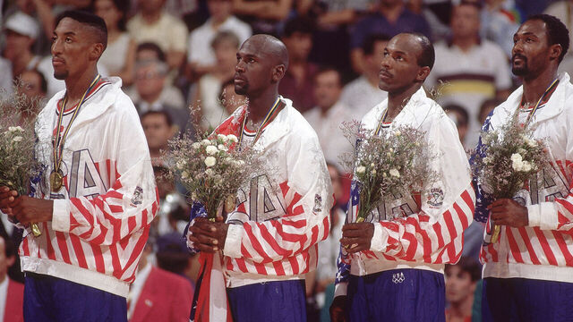 Basketball: 1992 Summer Olympics: (L-R) USA Scottie Pippen, Michael Jordan, Clyde Drexler, and Karl Malone victorious on medal stand after winning Men's Gold Medal Game vs Croatia at Pavello Olimpic de Badalona. Dream Team.Badalona, Spain 8/8/1992CREDIT: John W. McDonough