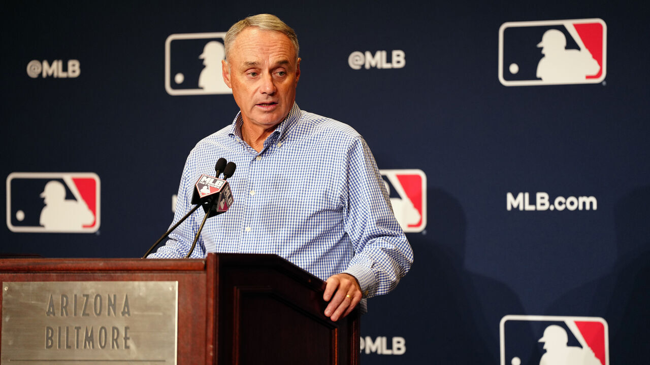 PHOENIX, AZ - FEBRUARY 15: Major League Baseball Commissioner Robert D. Manfred Jr. speaks to the media during the Spring Training Cactus League Media Day at Arizona Biltmore on Wednesday, February 15, 2023 in Phoenix, Arizona.