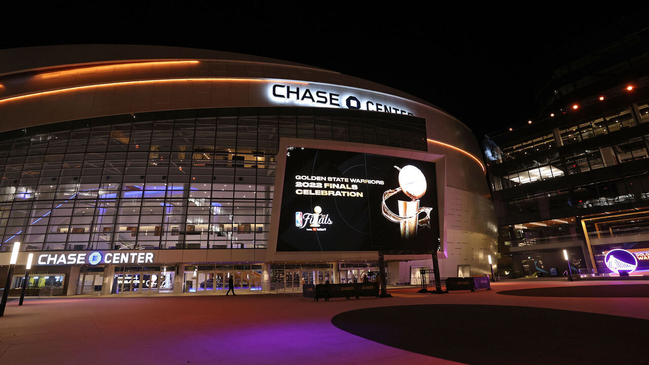 SAN FRANCISCO, CA - JUNE 01: An exterior shot of the Chase Center with 2022 NBA Finals signage before Game One of the 2022 NBA Finals between the Boston Celtics and the Golden State Warriors on June 1, 2022 at Chase Center in San Francisco, California. NOTE TO USER: User expressly acknowledges and agrees that, by downloading and or using this photograph, user is consenting to the terms and conditions of Getty Images License Agreement. Mandatory Copyright Notice: Copyright 2022 NBAE