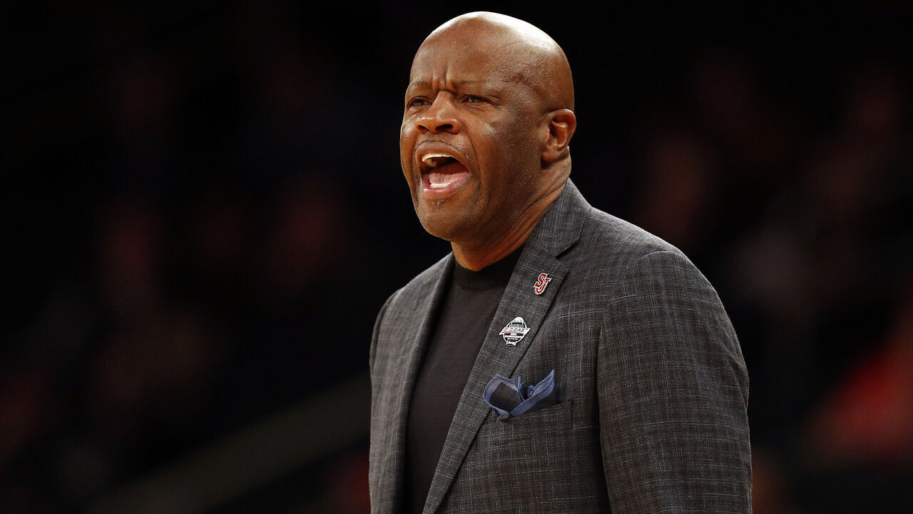 NEW YORK, NEW YORK - MARCH 08: Head coach Mike Anderson of the St. John's Red Storm reacts during the first half against the Butler Bulldogs in the first round of the Big East Basketball Tournament at Madison Square Garden on March 08, 2023 in New York City.
