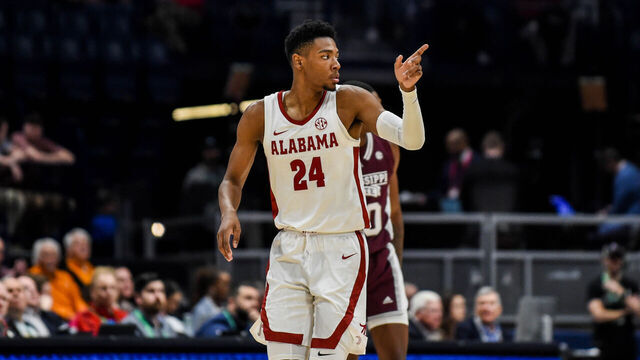 NASHVILLE, TENNESSEE - MARCH 10: Brandon Miller #24 of the Alabama Crimson Tide celebrates a basket against the Mississippi State Bulldogs in the first half during the quarterfinals of the 2023 SEC Men's Basketball Tournament at Bridgestone Arena on March 10, 2023 in Nashville, Tennessee.