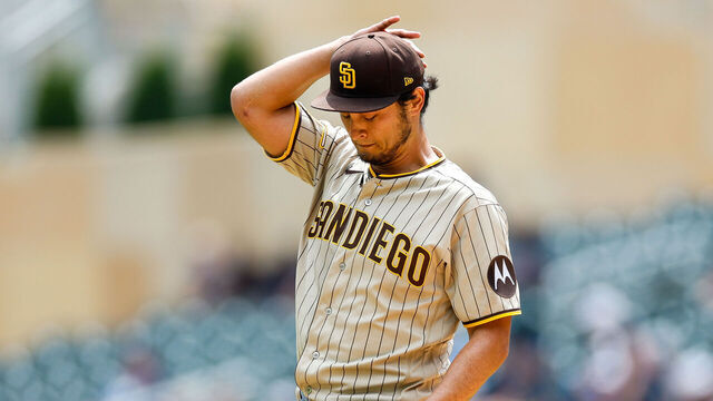 MINNEAPOLIS, MN - MAY 11: Yu Darvish #11 of the San Diego Padres reacts to giving up a bases loaded walk to Joey Gallo #13 of the Minnesota Twins to score a run in the second inning at Target Field on May 11, 2023 in Minneapolis, Minnesota.