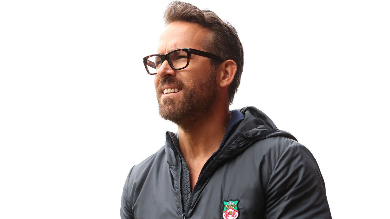 WREXHAM, WALES - APRIL 22: Ryan Reynolds, Owner of Wrexham looks on prior to the Vanarama National League match between Wrexham and Boreham Wood at Racecourse Ground on April 22, 2023 in Wrexham, Wales.