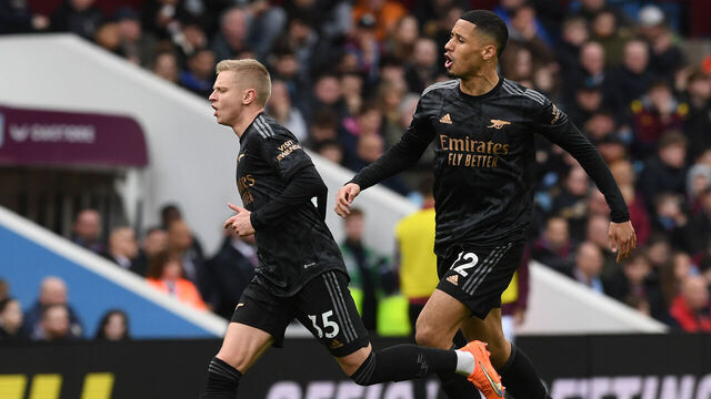 BIRMINGHAM, ENGLAND - FEBRUARY 18: Oleksandr Zinchenko celebrates scoring Arsenal's 2nd goal with William Saliba during the Premier League match between Aston Villa and Arsenal FC at Villa Park on February 18, 2023 in Birmingham, England.