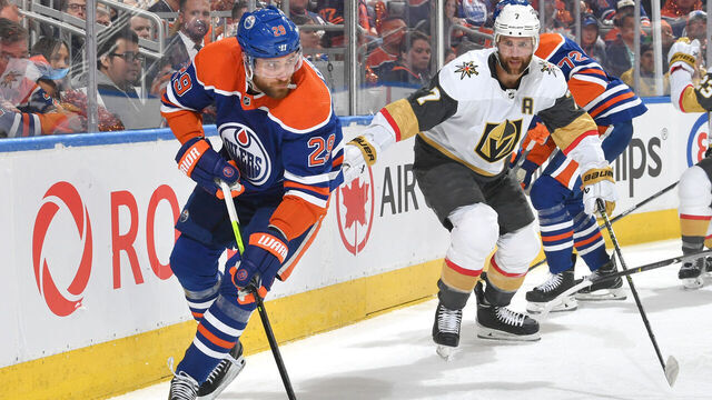 EDMONTON, CANADA - MAY 8: Leon Draisaitl #29 of the Edmonton Oilers skates against Alex Pietrangelo #7 of the Vegas Golden Knights in Game Three of the Second Round of the 2023 Stanley Cup Playoffs at Rogers Place on May 8, 2023, in Edmonton, Alberta, Canada.