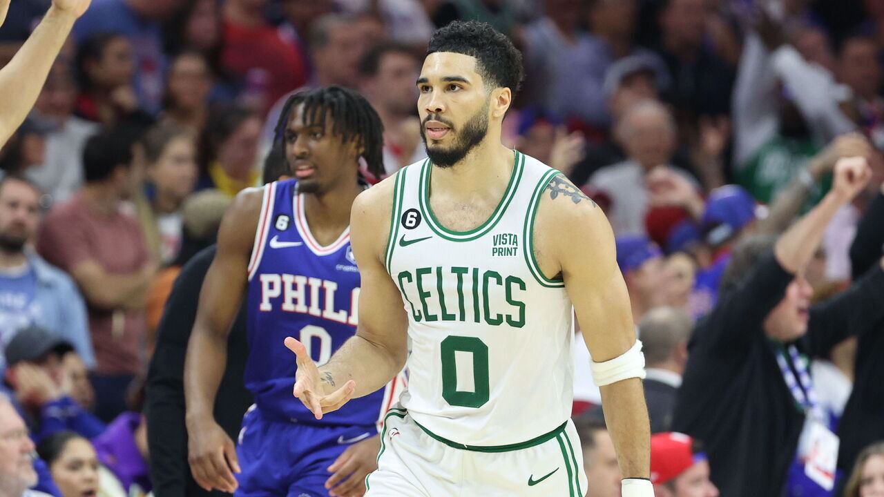 PHILADELPHIA, PENNSYLVANIA - MAY 11: Jayson Tatum #0 of the Boston Celtics celebrates a basket against the Philadelphia 76ers during the fourth quarter in game six of the Eastern Conference Semifinals in the 2023 NBA Playoffs at Wells Fargo Center on May 11, 2023 in Philadelphia, Pennsylvania.