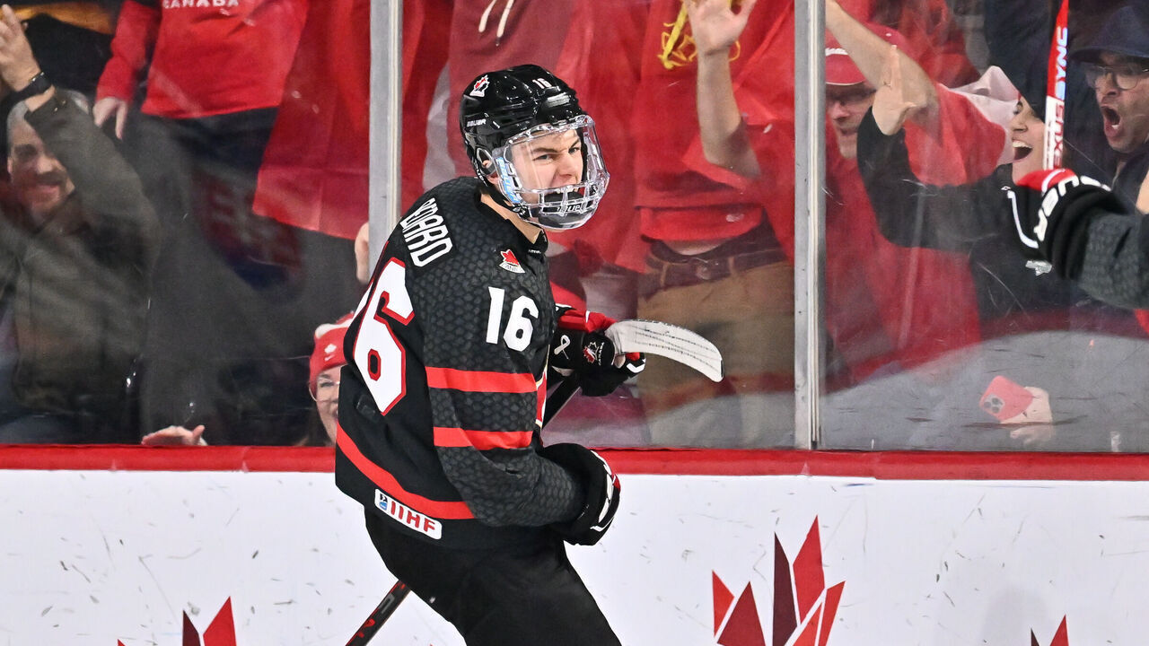 HALIFAX, CANADA - JANUARY 02: Connor Bedard #16 of Team Canada celebrates his goal during the first period against Team Slovakia in the quarterfinals of the 2023 IIHF World Junior Championship at Scotiabank Centre on January 2, 2023 in Halifax, Nova Scotia, Canada. Team Canada defeated Team Slovakia 4-3 in overtime.