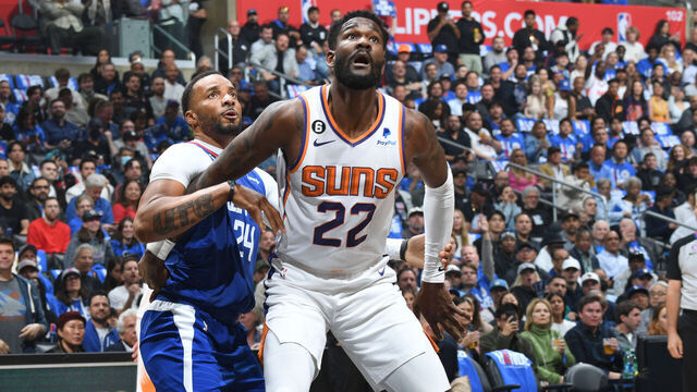 LOS ANGELES, CA - APRIL 20: Deandre Ayton #22 of the Phoenix Suns boxes out against the LA Clippers during Round 1 Game 3 of the 2023 NBA Playoffs on April 20, 2023 at Crypto.Com Arena in Los Angeles, California. NOTE TO USER: User expressly acknowledges and agrees that, by downloading and/or using this Photograph, user is consenting to the terms and conditions of the Getty Images License Agreement. Mandatory Copyright Notice: Copyright 2023 NBAE