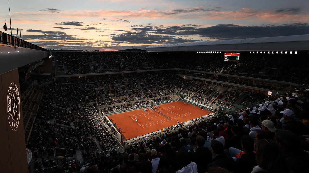PARIS, FRANCE - MAY 30: A general view of Court Philippe Chatrier during the Men's Singles Fourth Round match Daniil Medvedev and Marin Cilic of Croatia on Day 9 of The 2022 French Open at Roland Garros on May 30, 2022 in Paris, France. .